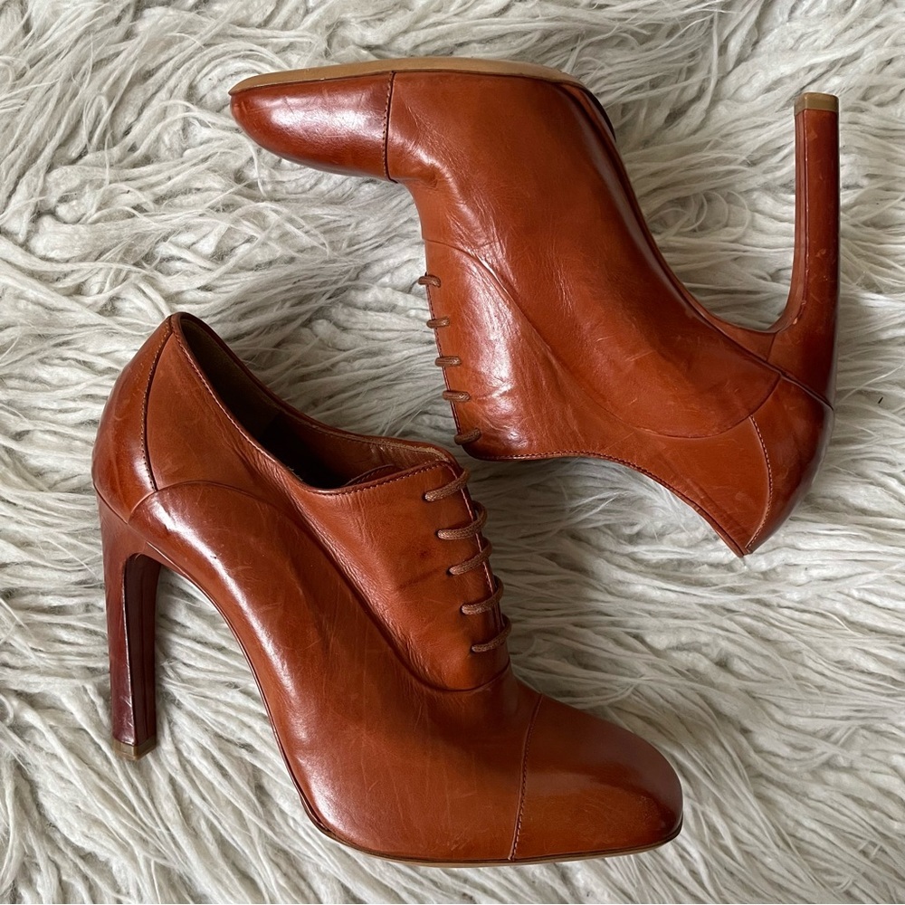 Dries Van Noten Cognac Brown Leather High-Heel Oxford Booties